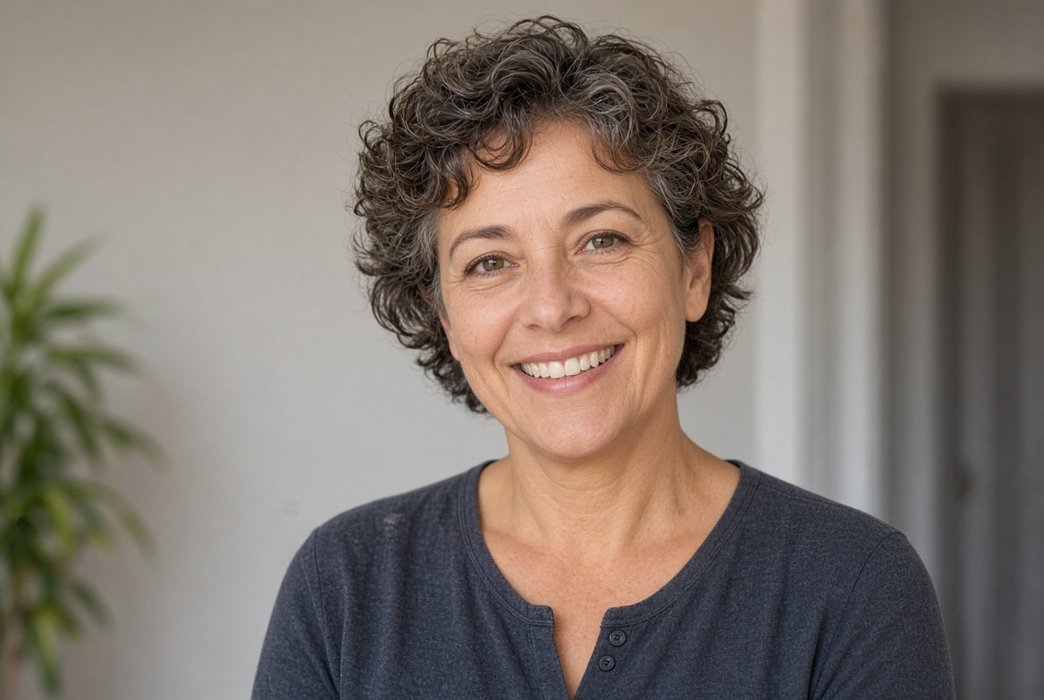 Middle-aged woman with short curly hair smiling naturally, showing healthy teeth and gums in soft natural light